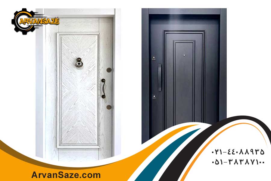 تصویر دو درب ضد سرقت، یکی سفید و یکی مشکی، دارای چشمی و درکوب